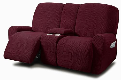 ULTICOR Jacquard Design Reclining Loveseat with Middle Console Slipcover, 8-Piece Stretch Sofa Covers, 2 seat Loveseat Recliner Cover, Washable (Style 4) (Red - Burgundy) by ULTICOR - Used condition - US$44.34