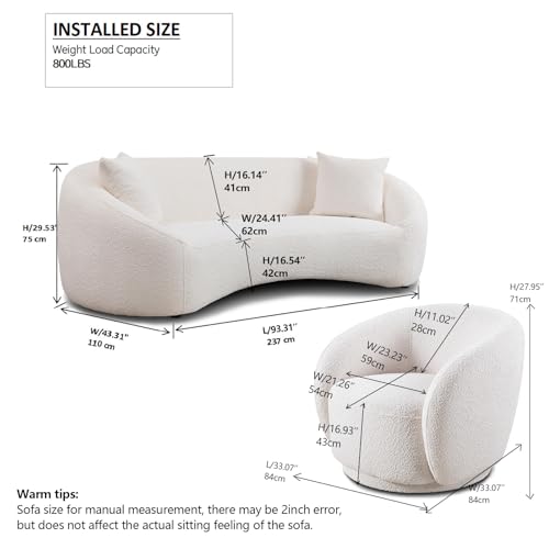 Image of Curved Sofa Set of 2,Modern Living Room Sofa Integral Sofas Furniture 3-Seater Sofas + 360 Degree Swivel Barrel Chair Tight Curved Back Boucle Fabric Wood Frame with Pillows Curves Couch and Chair Set
