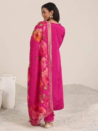 Image of Libas Woven Design Silk Blend Straight Kurta With Trouser and Dupatta