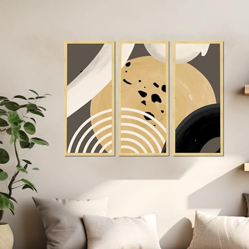 Image of PAINTINGMANTRA Abstract Modern Framed Wall Art Set of 3 | Contemporary Geometric Boho Wall Decor | Engineered Wood Frame Art for Living Room, Bedroom & Office, 8.9x18.9 Inch