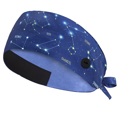 Image of Adjustable Scrub Cap with Button, Satin-Lined Cotton Scrub Hat Sweatband, Elastic Working Hat Unisex, One Size