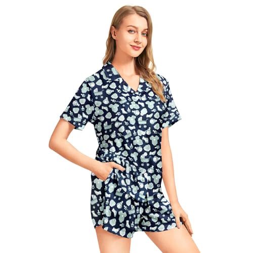 Image of Funny Pajamas for Women Set Print Satin Loungewear Pjs Short Sleeve Button Down Top and Shorts Sets Sleepwear XS-3XL