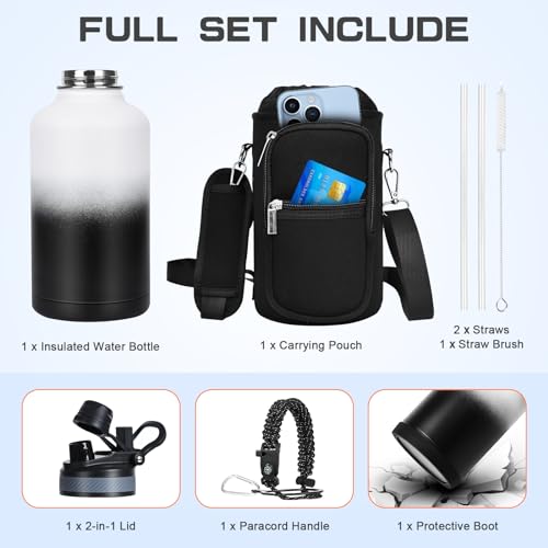 Image of GAZLEMHO Insulated Water Bottle 64 oz, Half Gallon Water Jug Cold 48H, BPA Free Stainless Steel Bottles with Straw /Chug 2-in-1 Lid, Bag, Paracord Handle, Silicone Boot, Sports Gym School Metal Flask