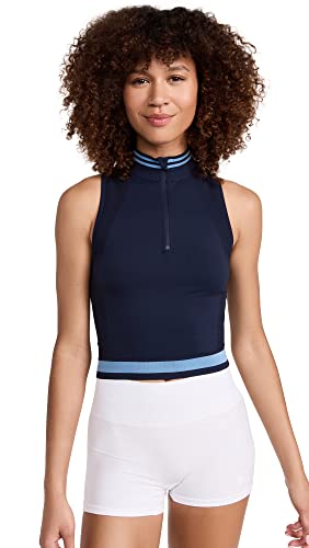 Sweaty Betty Women's Athlete Seamless Color Block Half Zip Workout Tank Top Navy Blue
