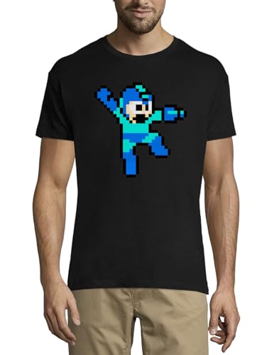 T-shirt homme noir coton col rond imprimé bleu pixel man art vêtement été