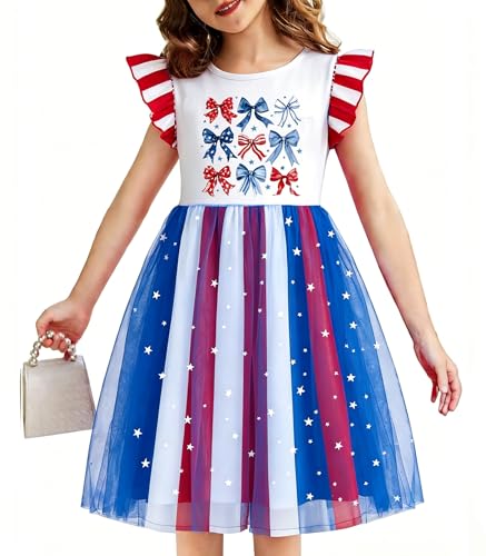 Image of Girls 4th of July Dress American Patriotic Outfit USA Independence Day Clothes Flutter Sleeve Tulle Tutu Dress 5-14y