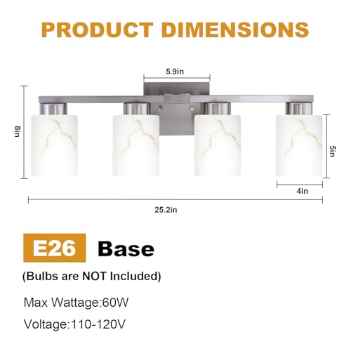 Image of 4-Light Bathroom Light Fixtures, Modern Vanity Lights, Brushed Nickel Metal Wall Lamp with White Marble Glass for Bathroom, Mirror, Living Room, Bedroom, Cabinet, Porch, Hallway, E26 Base