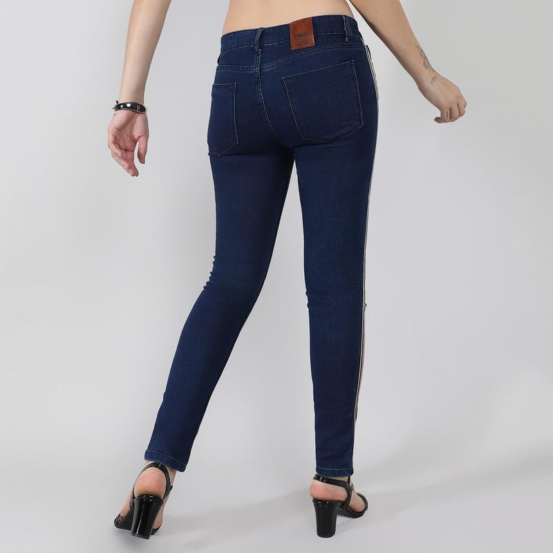 Image of PINACOLADA Women's Side-Striped Denim Jeans for Casual Wear | Light-Wash | Regular Fit | Button Closure | Cotton Denim Jeans Crafted with Comfort Fit for Everyday Wear