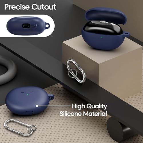 Image of Sounce Silicone Case Cover for Realme Buds Air 5 Pro / 6 Pro, Portable Non-Slip Grip & Scratch-Resistant Protector with Carabiner Clip Full Protection Water Resistant, Shockproof Cover (Blue)