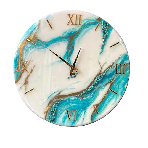 Image of Handmade Resin Wall Clock with Roman Numerals - Luxury Marble Effect Designer Wall Clock with Gold Finish, Silent Quartz Movement, Modern Home & Office Decor (Sky Blue White)