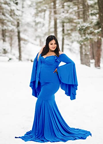 ZIUMUDY Photography Dress Off Shoulder Flared Sleeve Fitted Gown for Photo Shoot Baby Shower Big Mermaid Train4