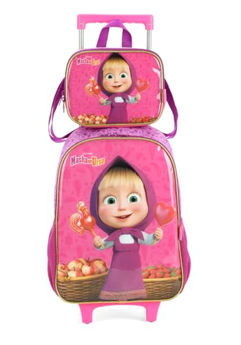 Kit de Mochila Escolar com Rodas e Lancheira Masha e Urso (PINK)