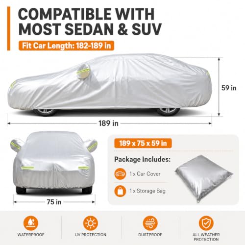 Image of GXARTS Heavy Duty Car Cover 189 inchx75 inchx59 inch Waterproof All-Weather Sedan Cover with Zipper Door+Windproof Straps,UV Snowproof Dustproof Fit for Toyota Corolla Honda Civic VW Jetta Kia Forte Elantra+More
