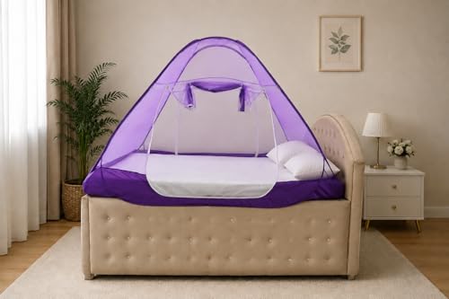Image of Healthy Sleeping Mosquito Net | Double Bed | Supreme King Size Bed | Foldable Machardani with 2 Side Zipper Opening | Strong 30GSM Polyester Net | PVC Coated Steel Wire (Violet)