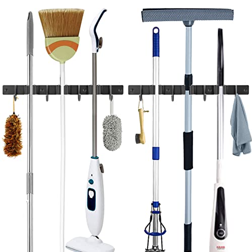 Piyl Mop and Broom Holder Wall Mount Heavy Duty Tool Organizer Home Garden Garage Storage Rack 2Packs(Black)