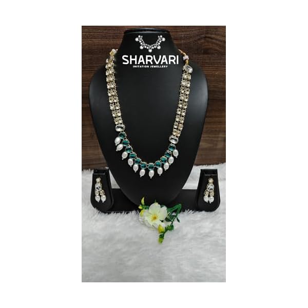 SHARVARI IMITATION JEWELLERY Two layer kundan necklace set with pearls hanging earings. - Image 7