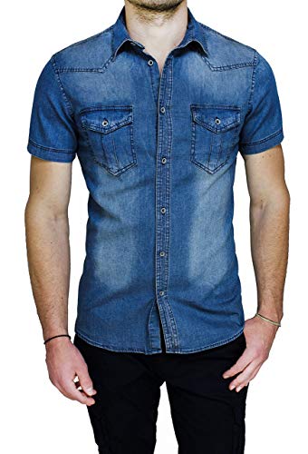Chemise Jeans Homme Courtes Manches Slim Fit en Toile Denim Bleu Douceur d'Été XL