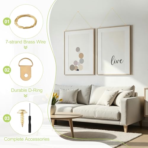 Image of Picture Hanging Kit - 10M Brass Hanging Wire, 30Pcs D Ring Picture Hangers with Screws and 30Pcs Aluminum Crimping Loop Sleeve for Wall Pictures Exhibition(Gold)