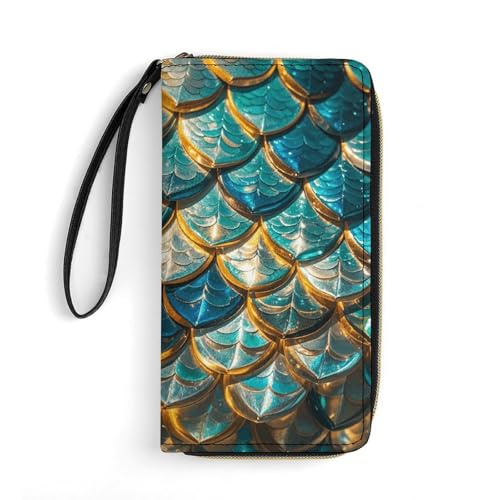 Womens Wallet Glittering Fish Scales Print Cell Phone Wallet Purse Travel Long Purse PU Leather Clutch Wallets with Zip, Hand Strap