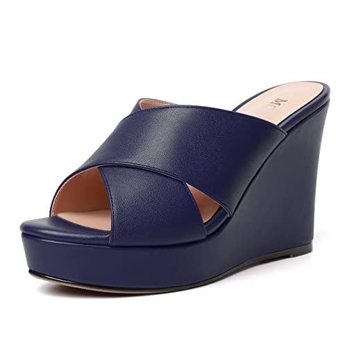 MODENCOCO Womens Open Toe Fashion Matte Slip On Platform Casual Wedge High Heel Heeled Dressy Sandals 4 Inch