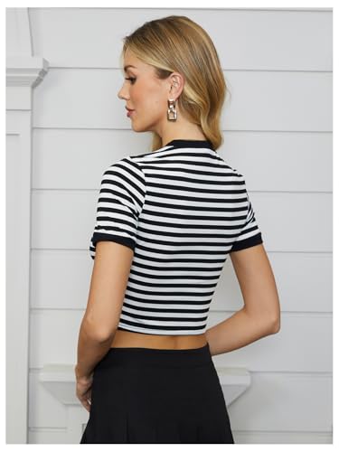 OYOANGLE Women's Striped Print Crew Neck Short Sleeve T Shirts Slim Fit Crop Tee Tops4