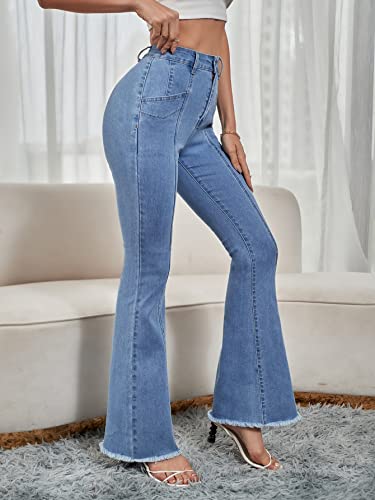 Floerns Women's Raw Hem Bleach Mid Rise Stretchy Ankle Length Flared Leg Jeans Medium Blue L #TOP2
