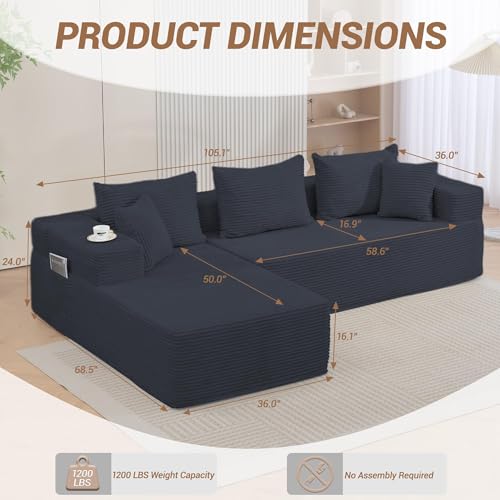 Image of 105'' Modular L-Shaped Boneless Sectional, Corduroy Deep Seat Cloud Sectional Couch, Small Space Sofa for Apartment Living Room Bedroom, No Assembly, Black
