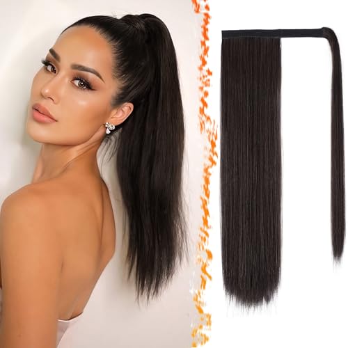 BARSDAR Liso Coleta Postiza Extensiones, 46cm Larga Liso Wrap Around Cola de Caballo Extension para Mujer Clip in Extensiones de Pelo Coleta Sintético Ponytail Postiza Diaria   Marrón Oscuro Mixto