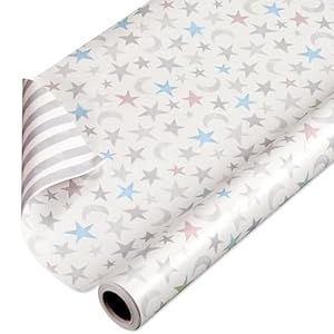 American Greetings 175 sq. ft. Reversible Wrapping Paper for Baby Showers, Kid’s Birthdays and All Occasions, Moon and Stars (1 Roll, 30 in x 70 ft.)