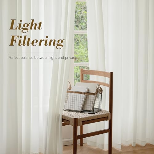 Image of FMFUNCTEX Sheer Non-See-Through Netural Beige Curtains for Bedroom, Faux Silk that Let Light Curtains 84 inches Long Light Filtering Privacy Sheer Drapes for Living Room, Rod Pocket 2 Panels Set