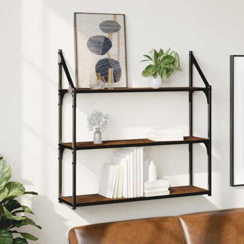BOWEKAM Wandregal mit 3 Etagen, geräucherte Eiche, 80 x 21 x 78,5 cm, Holz-Möbel, Regal, Wandregale und -leisten