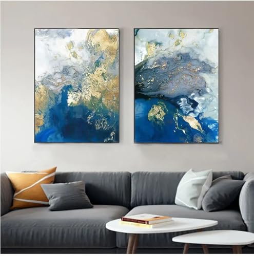 Peinture d'art contemporain bleue et dorée sur toile premium grand format 80x110cmx2