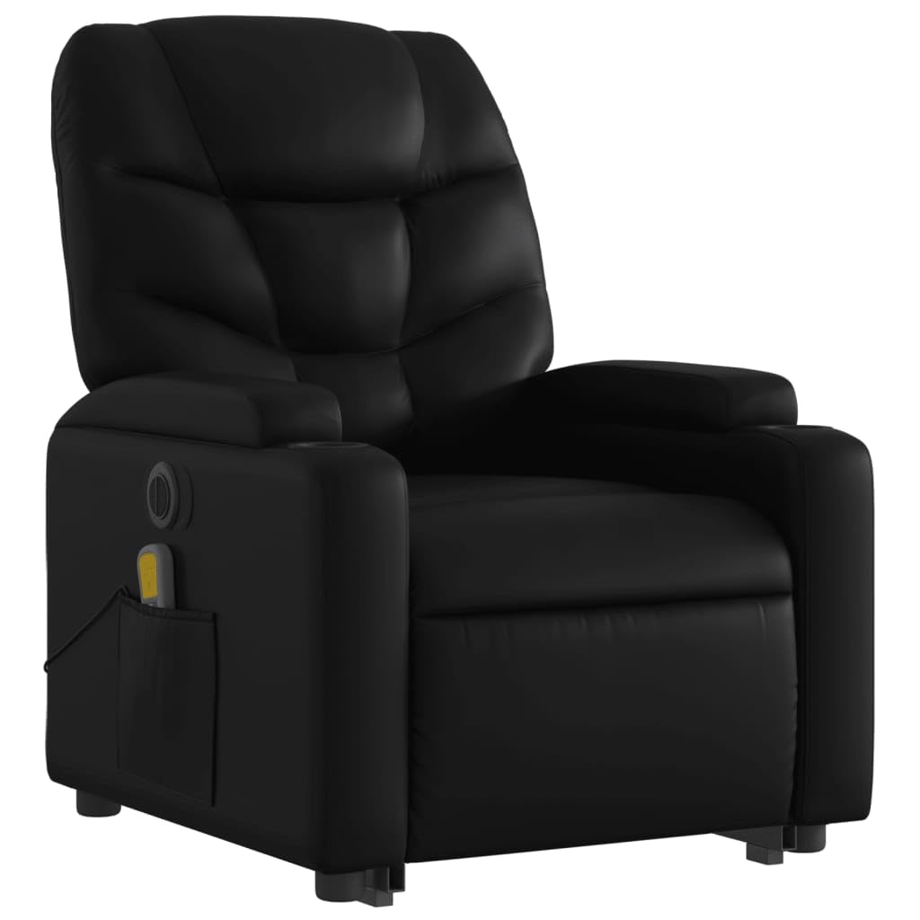 Sillón elevador eléctrico reclinable negro de piel sintética con 6 puntos de masaje, función de elevación y vibración, portavasos y bolsillo lateral