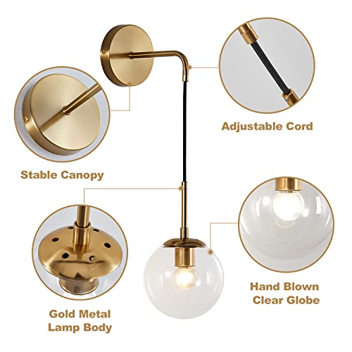 Image of KCO Modern Glass Globe Wall Sconce Set of Two Minimalist Gold Wall Light Fixture with Adjustable Cord Brass Round Glass Wall Mounted Reading Lamp (Clear-2PC)