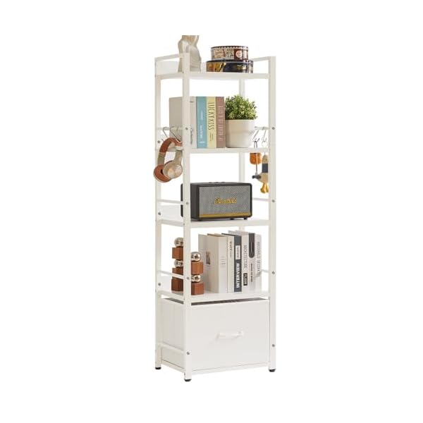 Aibiju Scaffale a Scala, Scaffale per Libri, Scaffale a 5 Livelli con Cassetto, Supporto per Piante per Soggiorno, Camera da Letto, Cucina, Struttura in Acciaio, Bianco YD-BC001W