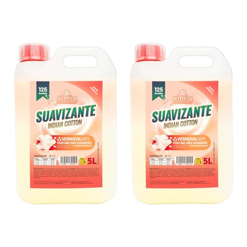 KIMIA Pack 2 Suavizantes Concentrados Indian Cotton 5L | 250 Lavados Totales | Perfume Larga Duración VernovaCaps | Microcápsulas Biodegradables | Suavizante Lavadora Fragancia Algodón | 10 Litros