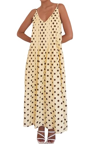 Image of Anoumcy Summer Pleated Maxi Dresses for Women 2026 Spaghetti Strap V Neck Vacation Beach Long Flowy Boho Sundress