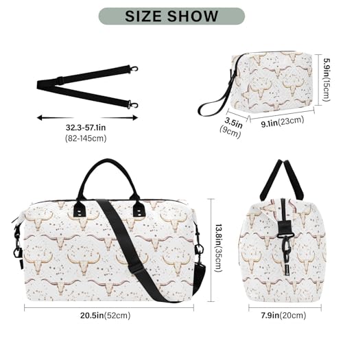 VIGTRO Travel Duffel Bag Weekender Overnight Bag with Toiletry Bag Western Bull Printed, Carry On Luggage Bag Cowboy for Hospital Gym Travel Business, 2 Pcs Set3