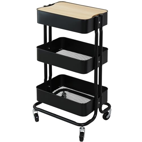 DORIS ドリス キッチンワゴン ランドリーラック スチールラック キッチンラック 調味料ラック 洗濯機 シェルフ パソコンラック 工具ラック キャビネット 幅42cm 3段 フタ付 ブラック ロップ3段蓋付きnew【17308】