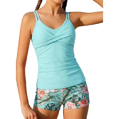 Tween Girls Tankini Swimsuit 2 Piece Bathing Suit Criss Cross Ruched Girl Swimwear with Chest Pad 8-16 Years 8 Lake Green Floral