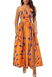Giovacker Women's Africa DIY Band Floral Print Backless Sleeveless Split Dress Lace High Waist Adjustable Straps Bohemia Dress (Long Style Yellow)