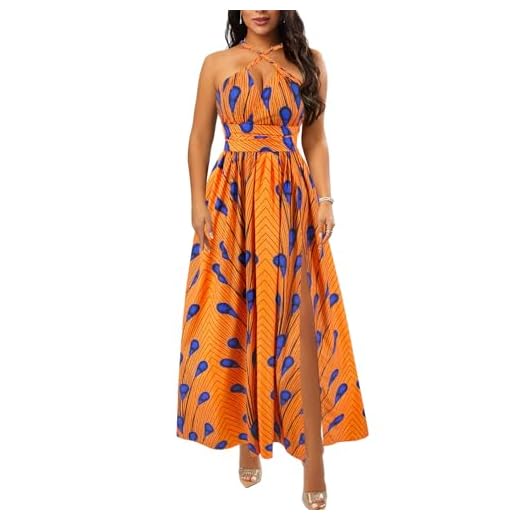 Giovacker Women's Africa DIY Band Floral Print Backless Sleeveless Split Dress Lace High Waist Adjustable Straps Bohemia Dress (Long Style Yellow)