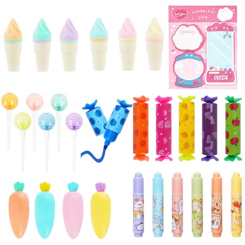 DIBALIYI 28 Pcs Mini Highlighter with Sticky Notes, Candy Pastel