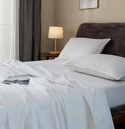 EVERLY Linen Sheets Set Queen Size,100% French Stonewash Pure Linen Sheets Set,4Pieces (1Flat Sheet,1Fitted Sheet,2Pillowcase) Suitable for Hot Sleepers,Deep Pocket Natural Bedding Set-White-Queen