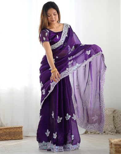 Image of SIRIL Women's Shimmer Chiffon Sequence Embroidery Saree With Unstitched Blouse Piece for Wedding and Parties