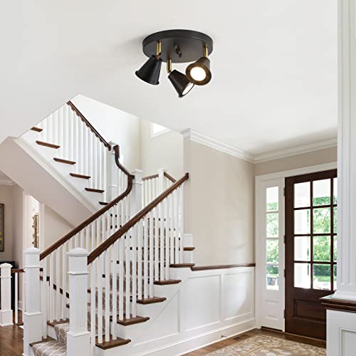 Image of 3-Light Industrial Directional Track Lighting, Adjustable Round Ceiling Spotlight, Morden Black Flush Mount Kitchen Light for Kitchen,Hallway,Dining Room,Porch,Office.Gu10 Bulbs Included