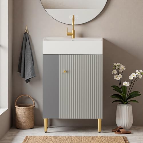 Image of 21.6 inch Freestanding Bathroom Vanity with Ceramic Sink, Matte Gray | Ceramic Sink, Wave-Pattern Door & Two-Layer Left Open Compartment, Bathroom Storage Cabinet, Easy Installation