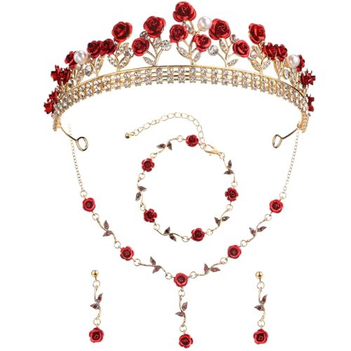 Hicarer Red and Gold 4 Pcs Rose Jewelry Set Women Bridal Tiara Necklace Bracelet Earring Rhinestone Crown Headband Flower Aesthetic Jewelry for Prom Pageant Birthday Wedding Halloween