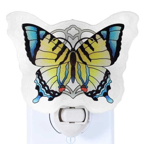 Image of Butterfly Night Light Plug into Wall - Made with Real Glass, Stained Glass Styled Nightlight for Hallway, Nursery, Bedroom, Bathroom, Kitchen, Stairway - Nature Inspired Accent Home Decor-Yellow