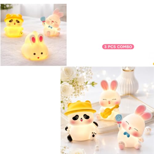 Image of Cute LED Night Lamp for Kids (Pack of 3) Panda & Bunny Toy Light | Baby Night Light | Return Gift, Birthday Gift, Room Decor Lamp | Soft Warm Glow | Battery Operated Mini Decorative Lamp